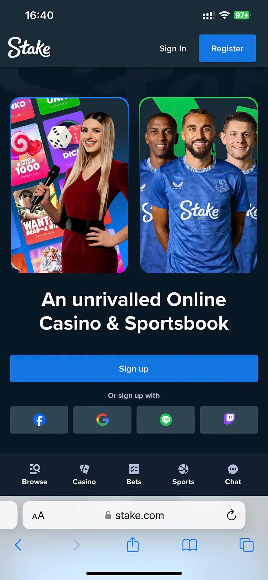 Stake home page with Login and Register buttons.