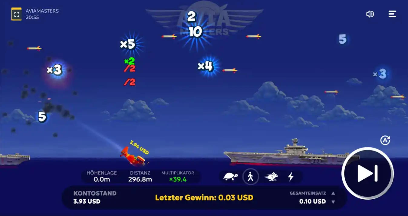 Flugzeug sammelt Punkte und Multiplikatoren in Spielszene.