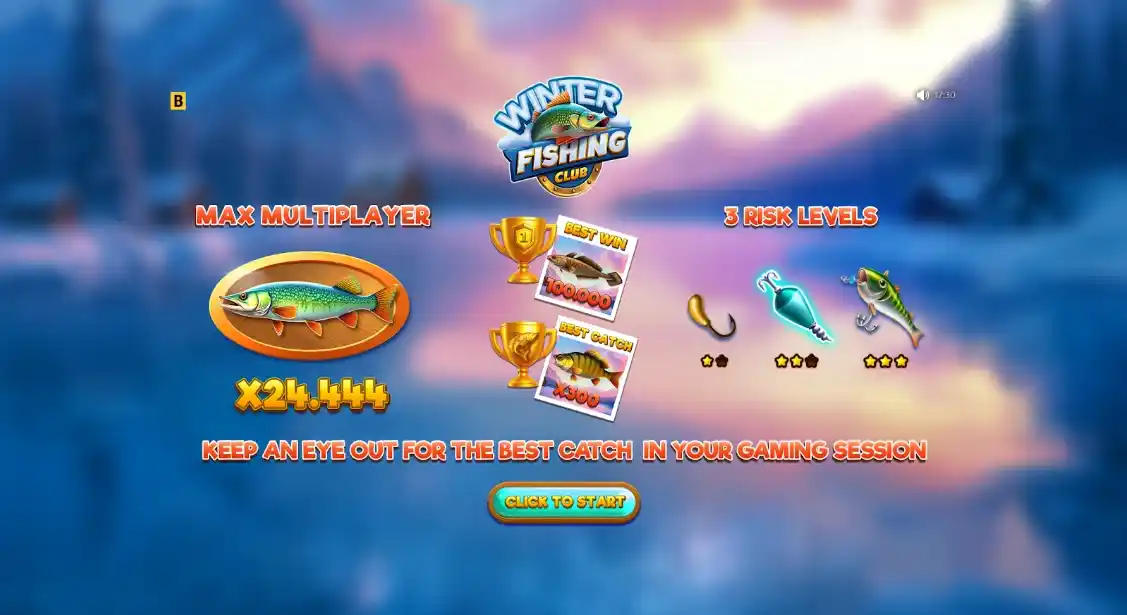 Winter Fishing Club start screen showcasing max multiplier x24.444 and three risk levels.