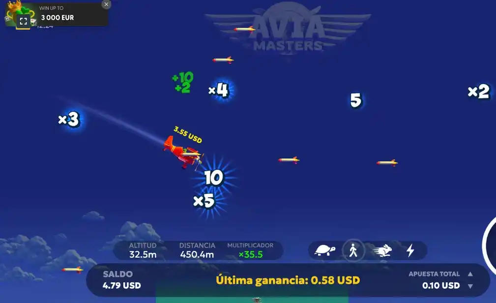 Escena del juego de Aviamasters con multiplicadores y ganancias.