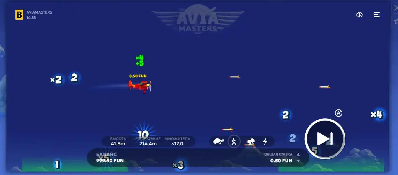 Punto de inicio del juego Aviamasters con un avión en una plataforma.