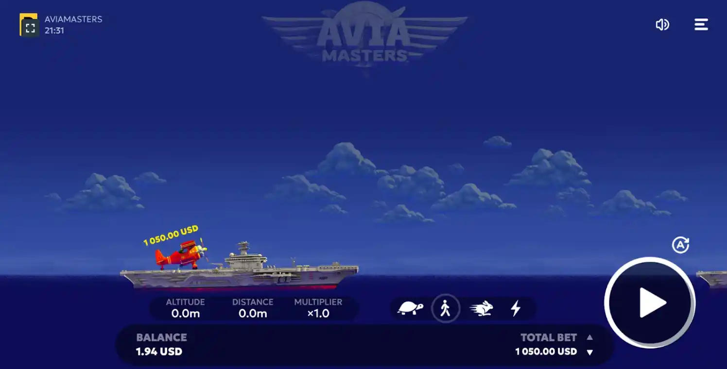 Οθόνη του παιχνιδιού Aviamasters με αεροπλάνο, πολλαπλασιαστές και εμφανιζόμενα κέρδη